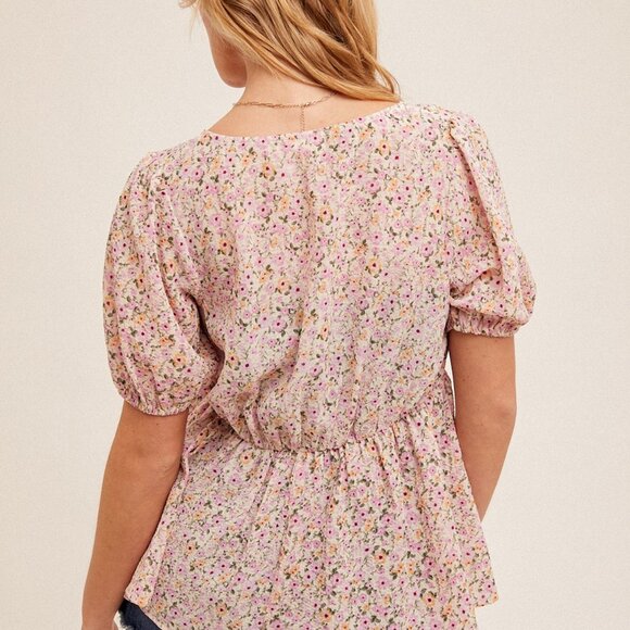 HEM & THREAD Pink Floral Button Front Peplum Blouse, Short Puff Sleeve Top - Picture 2 of 5